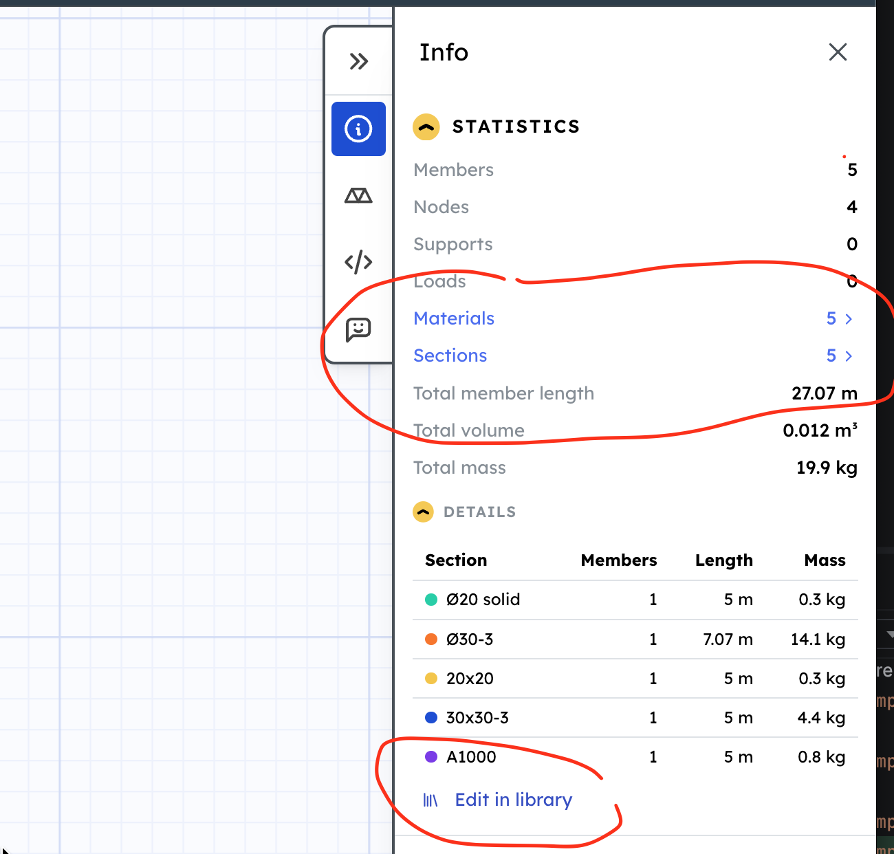 Statistics panel with clickable Materials and Sections rows