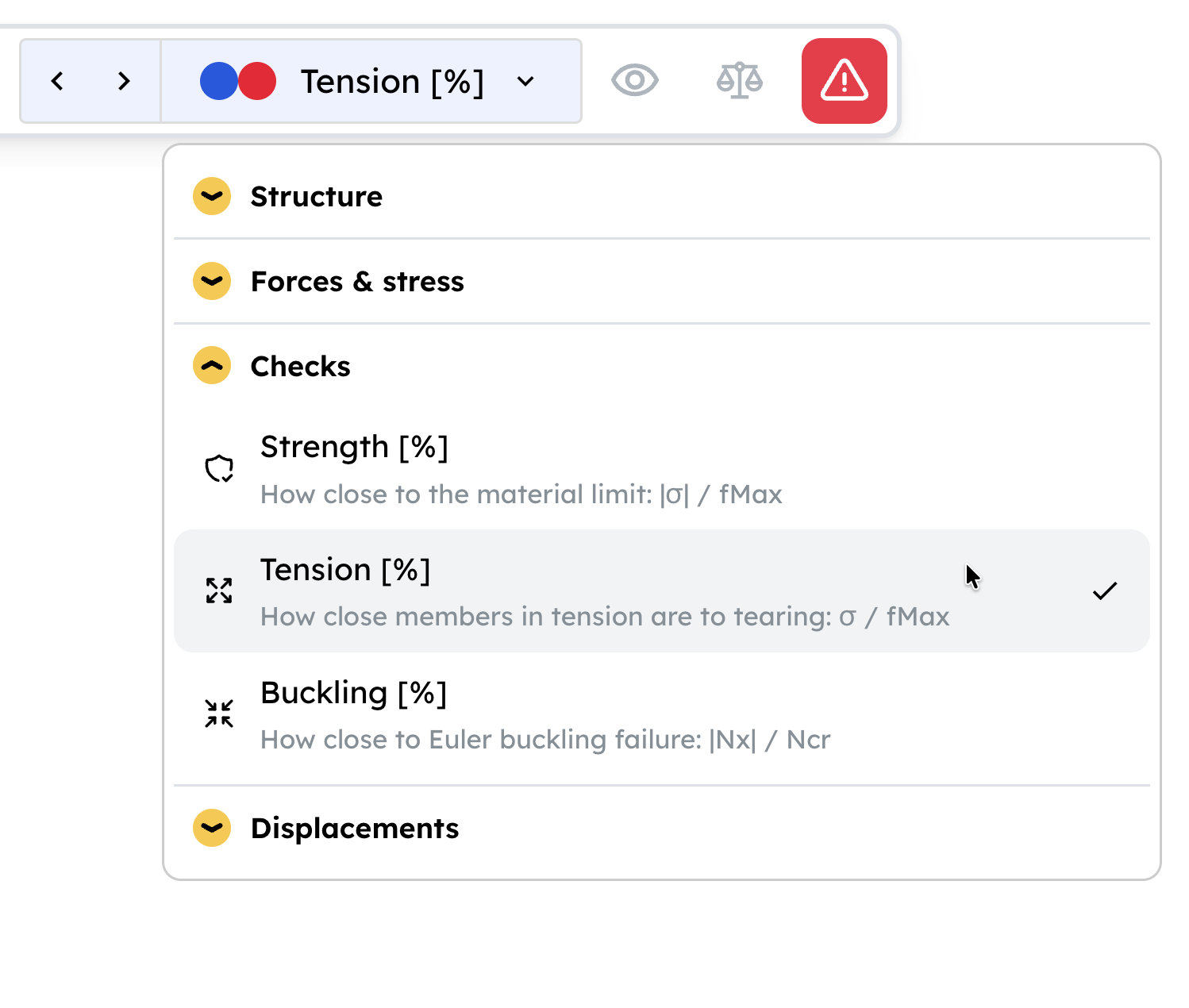 Diagram dropdown split into sections, with the new Tension diagram under Checks