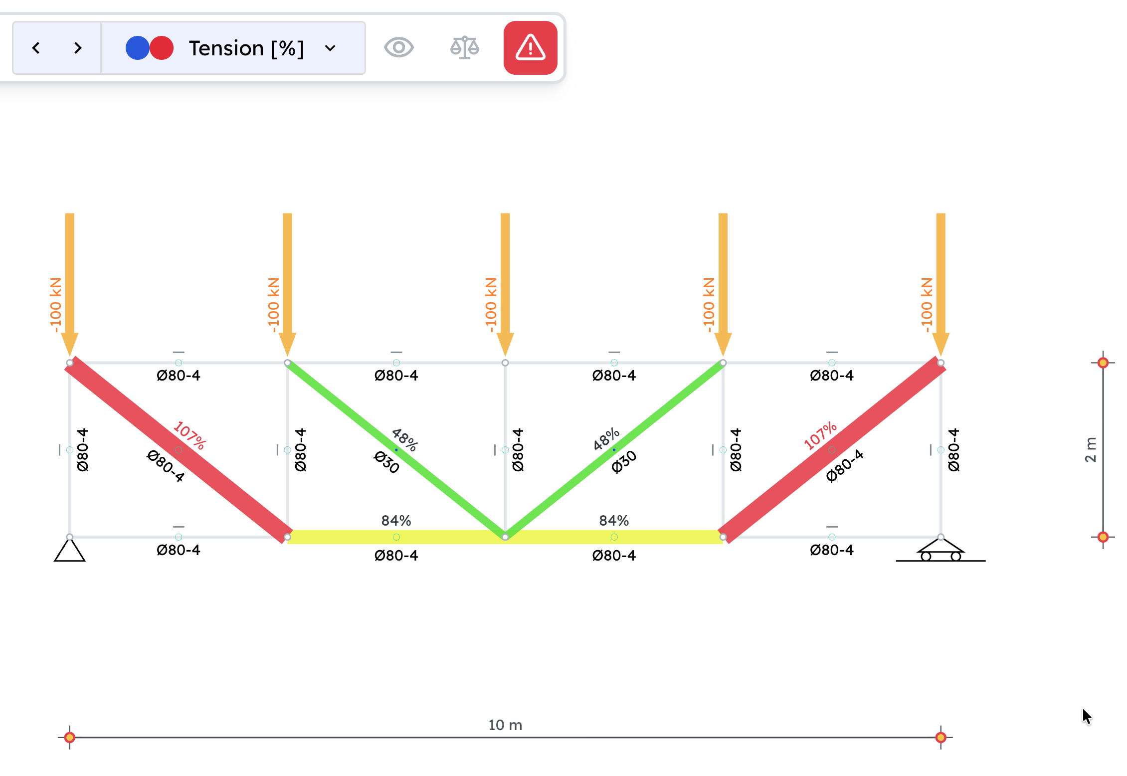 Tension diagram on a truss, with members in tension coloured by utilisation