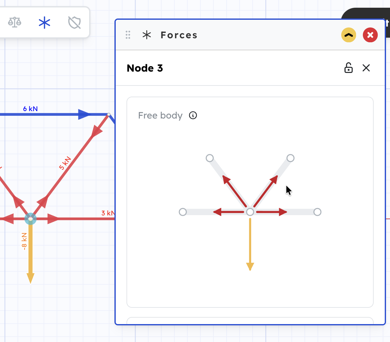 The Forces panel showing a node's free-body diagram