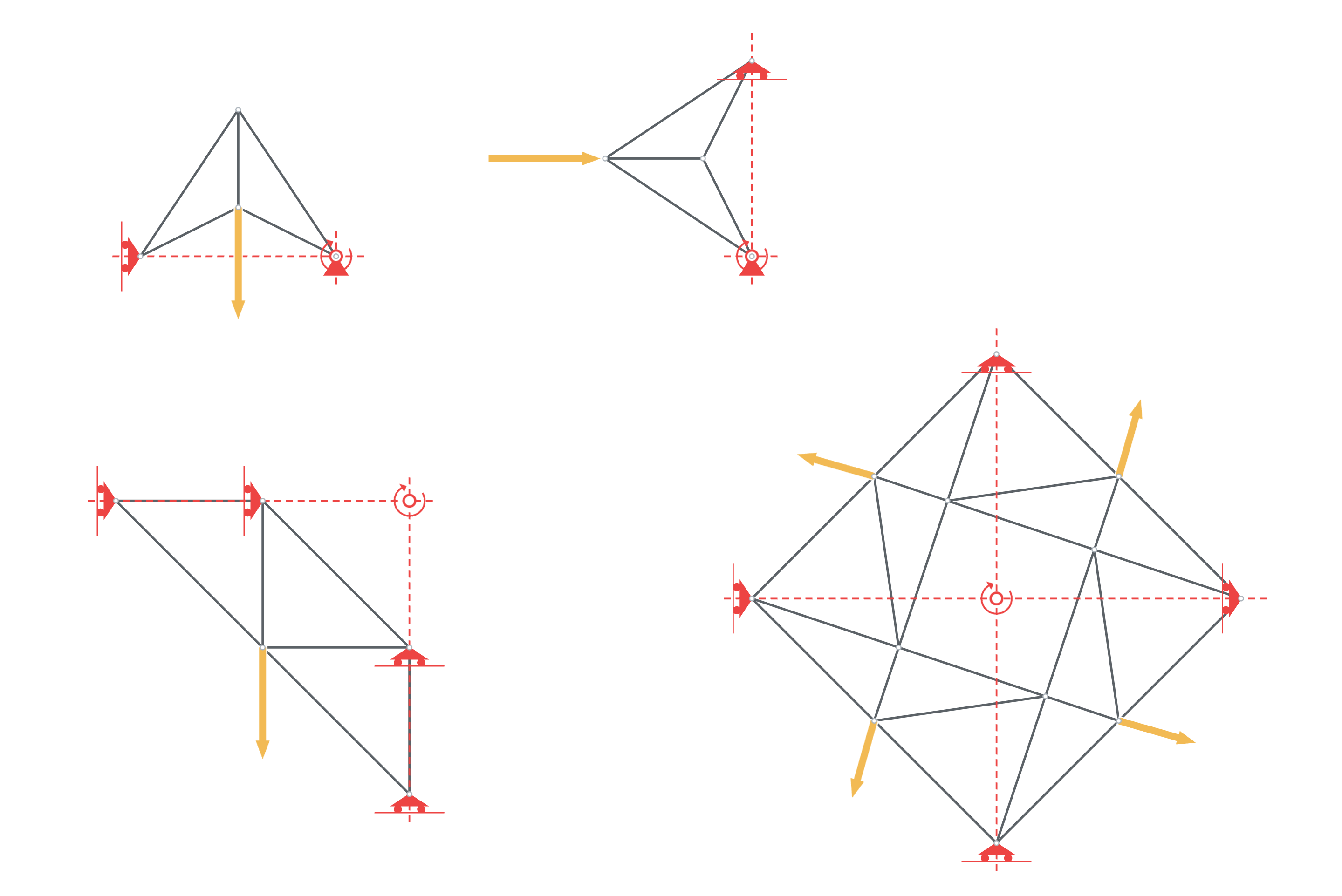 Screenshot of Truzme showing five unstable trusses. Each support's line is drawn dashed in red, and a red circle with a turning arrow marks the point where the lines meet, sometimes at a support, sometimes outside the truss.